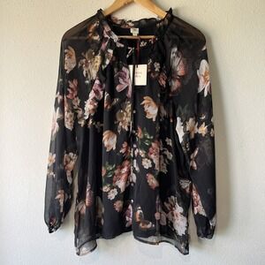 Autres Filles  Black Dark Floral Butterfly Sheer Ruffle Neck Peasant Top Boho 1X